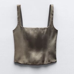 NWT House of Harlow 1960 Satin Corset Crop Top with Zip Up Back in Taupe Size M